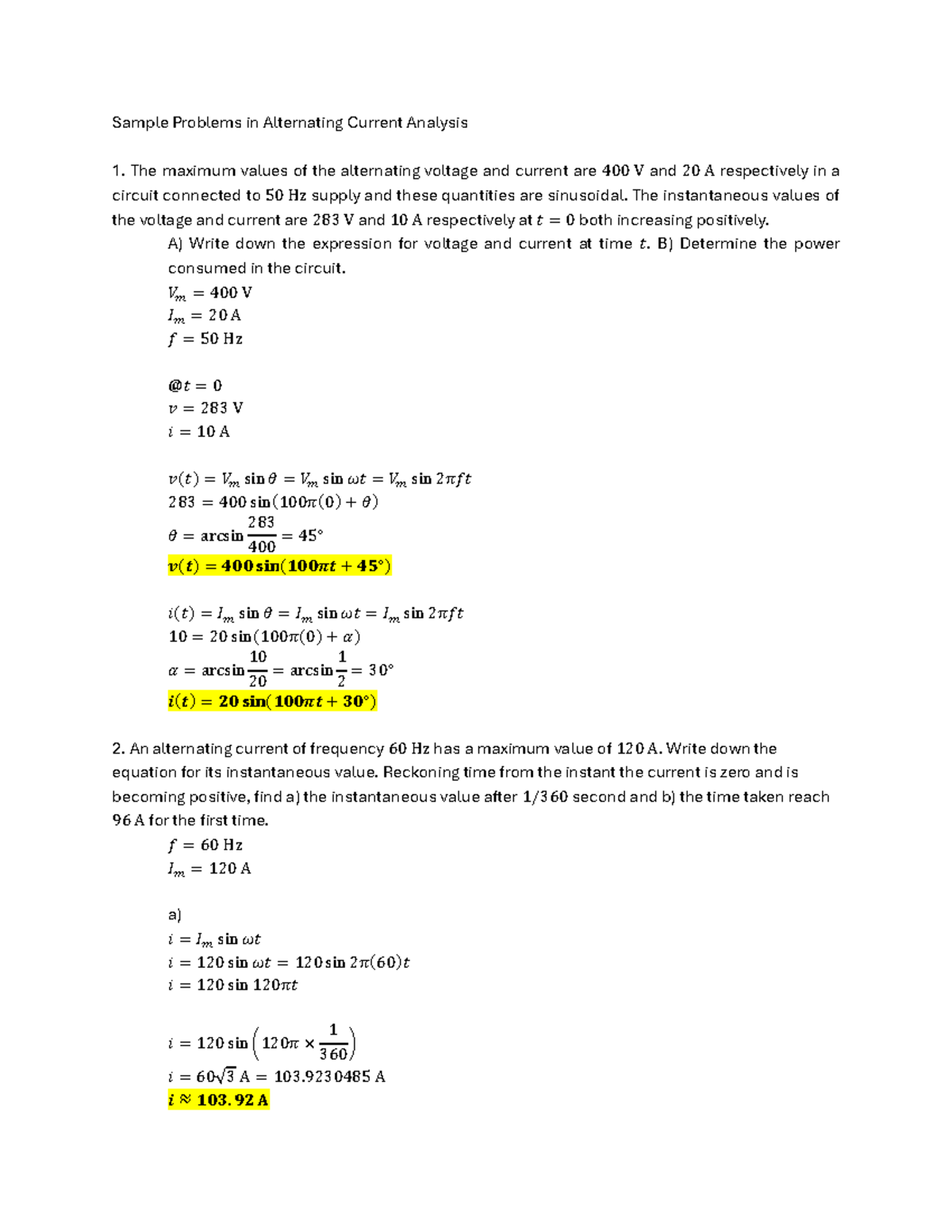 Sample Problem in Alternating Current Analysis Solution - Sample ...
