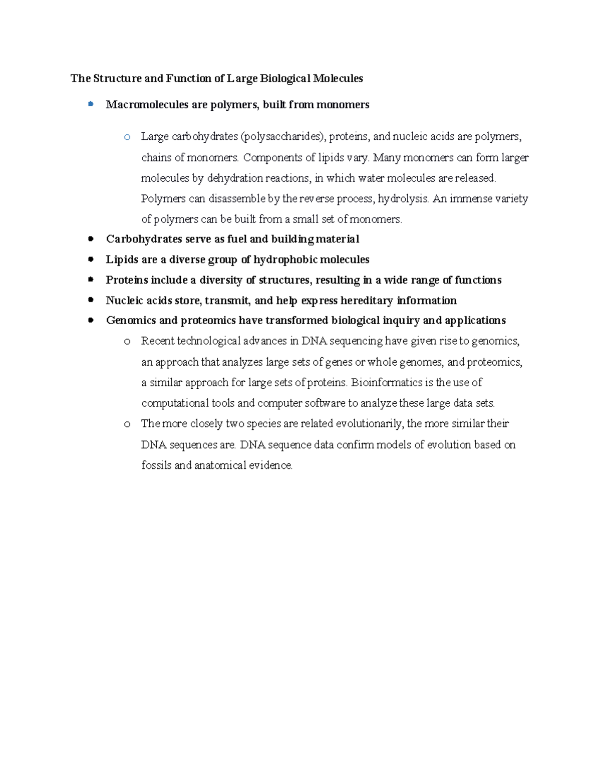 Biology Chapter 5 - The Structure and Function of Large Biological