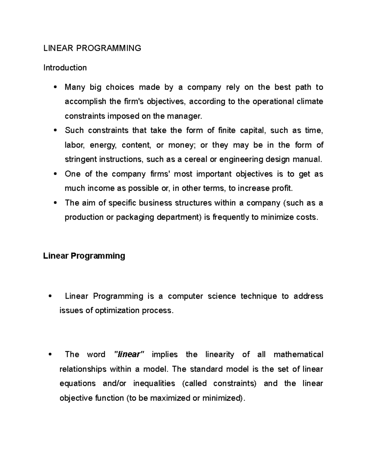 Linear Programming - Notes - LINEAR PROGRAMMING Introduction Many Big ...