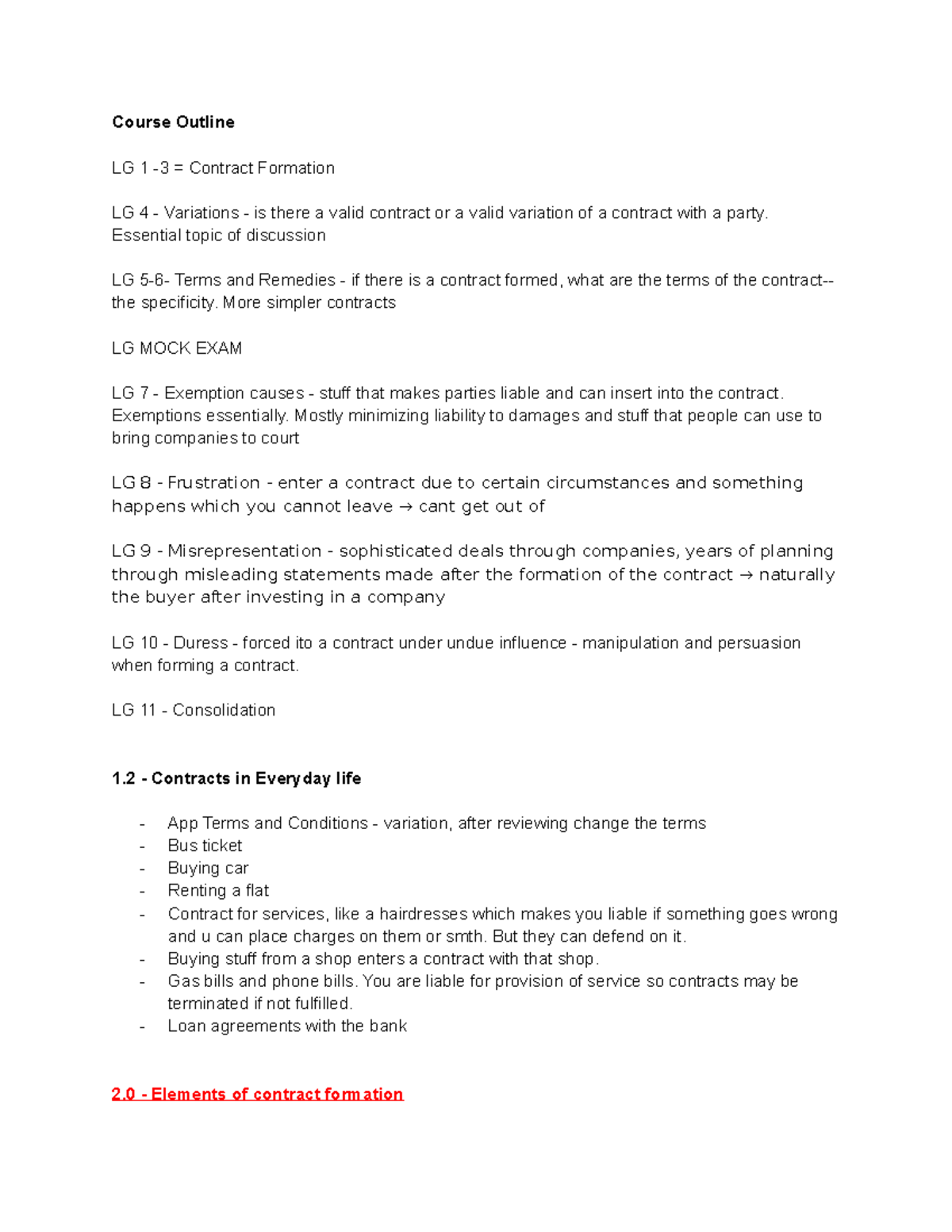 Law of Contract - LG Lecture - Course Outline LG 1 -3 = Contract ...