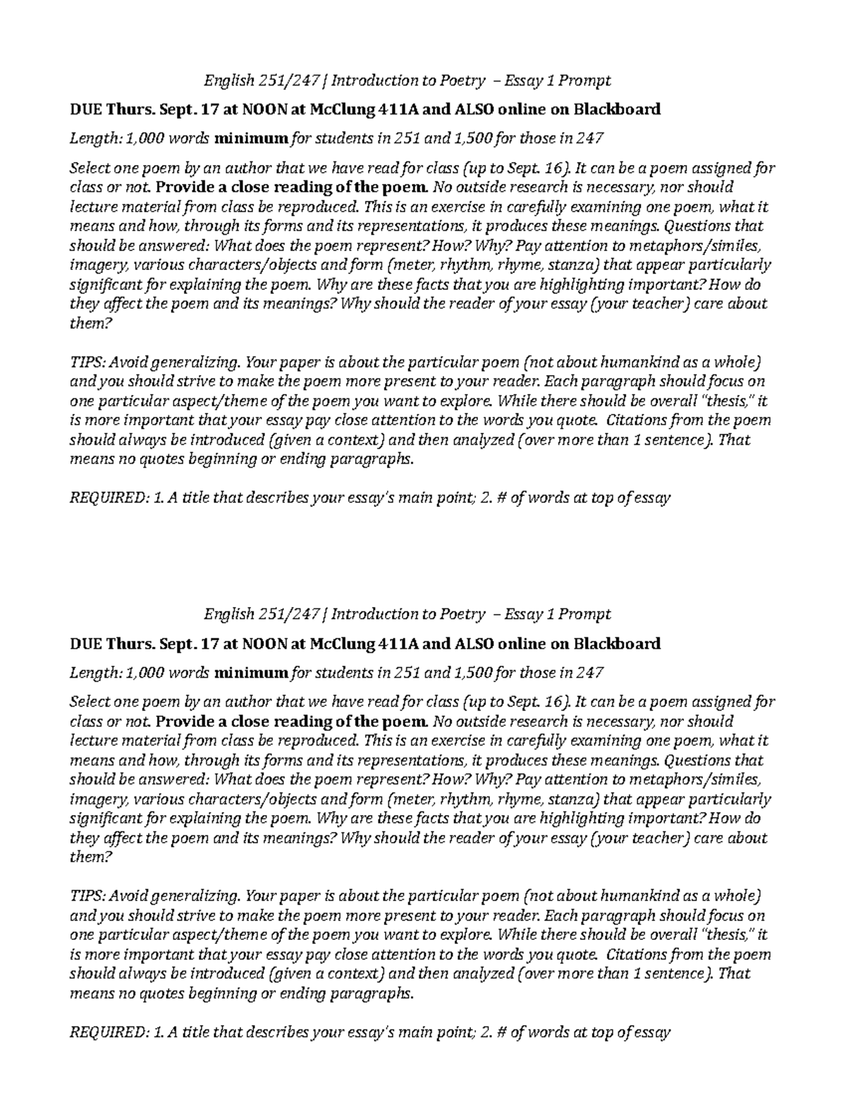 Intro Poetry Essay 1 Prompt English 251 247 Introduction To