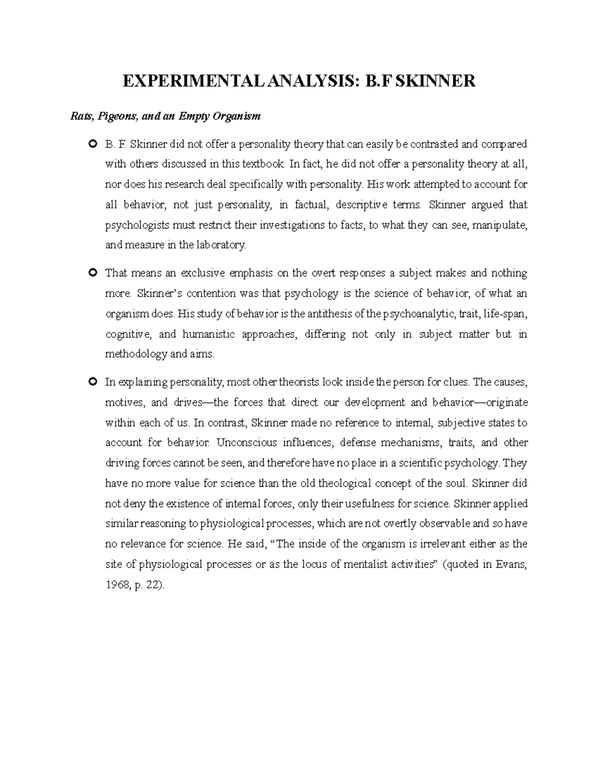Experimental Analysis - EXPERIMENTAL ANALYSIS: B SKINNER Rats, Pigeons ...