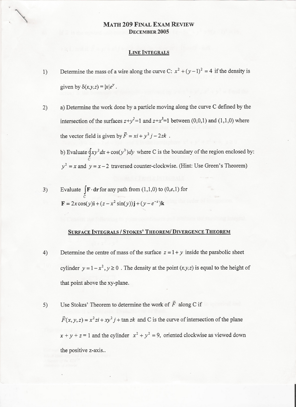 F2005-MASC- Review - .. MATH 209 FINAL EXAM REVIEWDECEMBER 2005 LINE ...