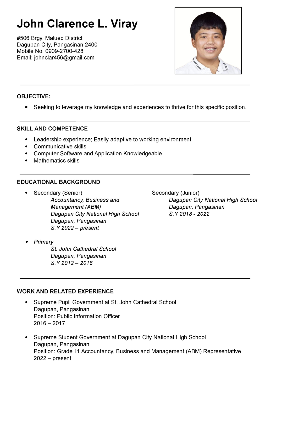 Sample_Resume_2022 - John Clarence L. Viray #506 Brgy. Malued District ...