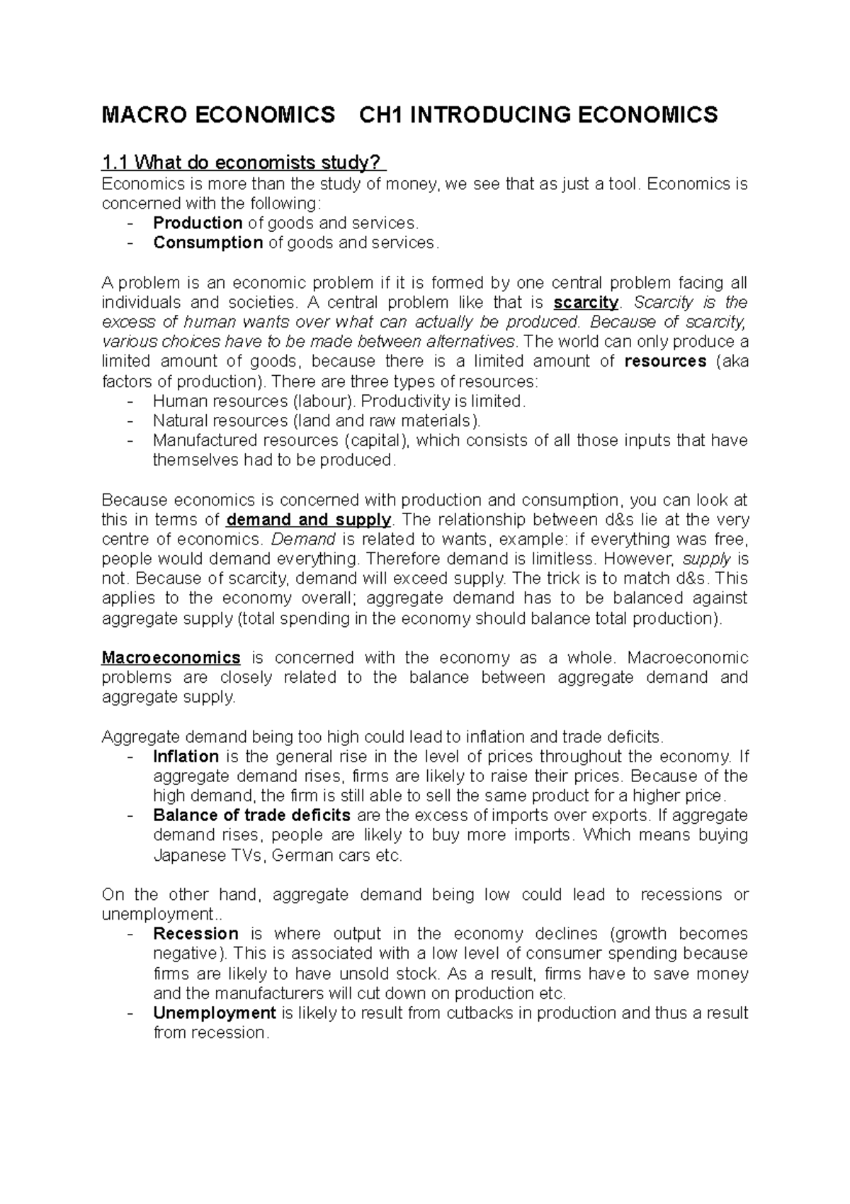 Macroeconomics Summary - MACRO ECONOMICS CH1 INTRODUCING ECONOMICS 1 ...