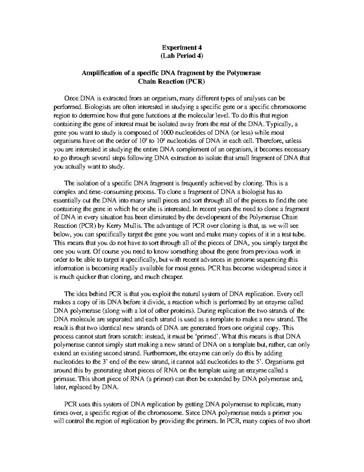 Experiment 4-PCR - Experiment 4 (Lab Period 4) Amplification of a ...