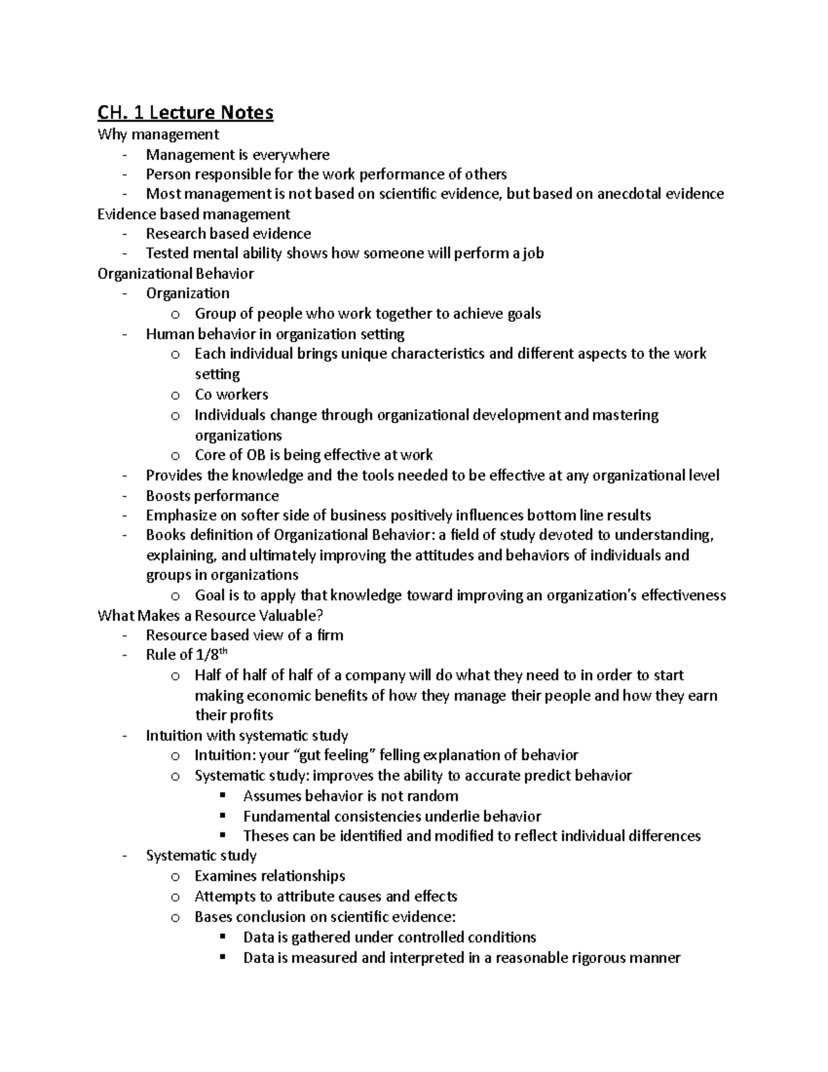 Chapter 1 Notes - CH. 1 Lecture Notes Why Management - Management Is ...