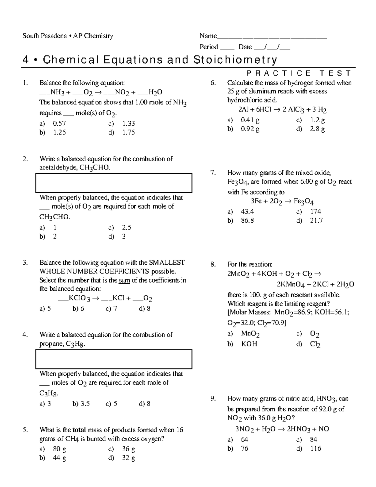 Apch04 pt - ap chemistry unit4 - South Pasadena • AP Chemistry Name