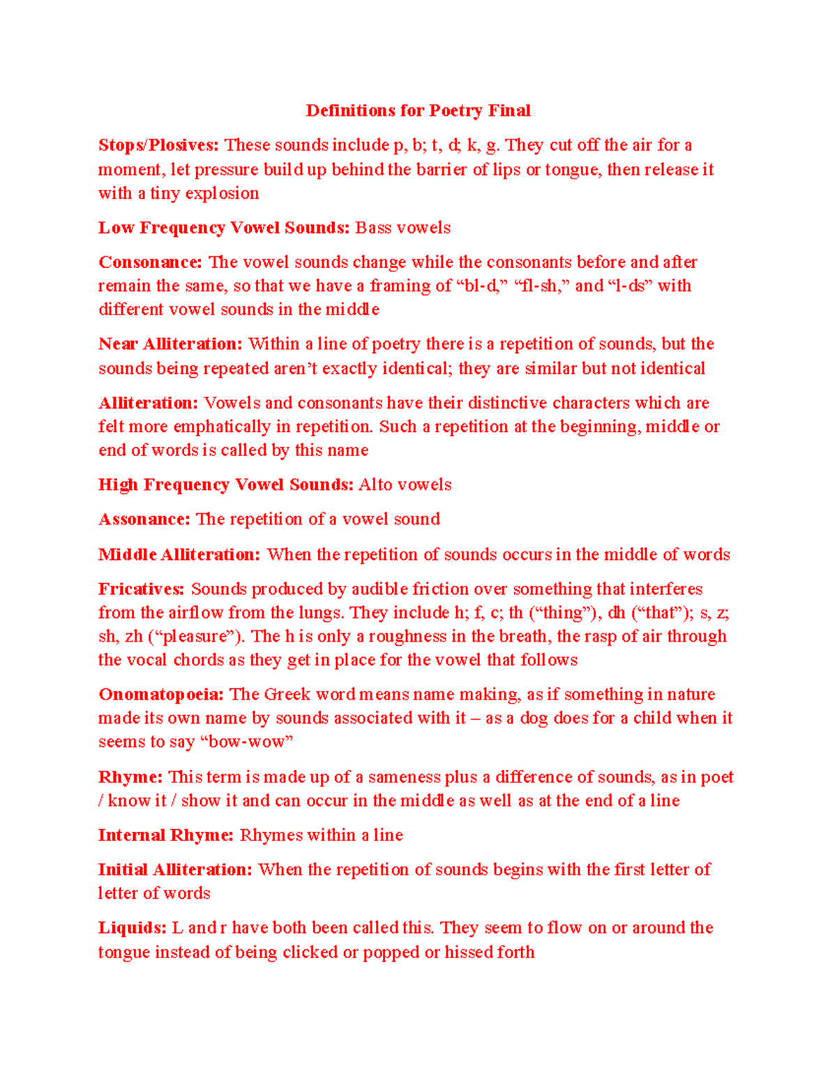 Definitions For Poetry Final Studocu