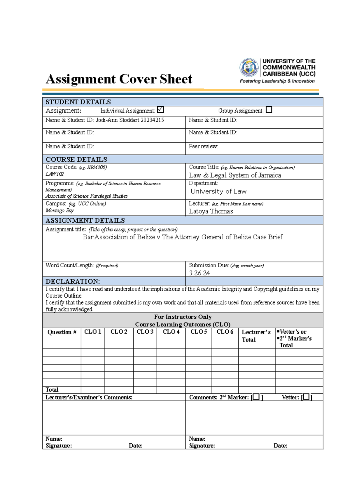 Jodi-Ann Stoddart Case Brief - Assignment Cover Sheet STUDENT DETAILS ...