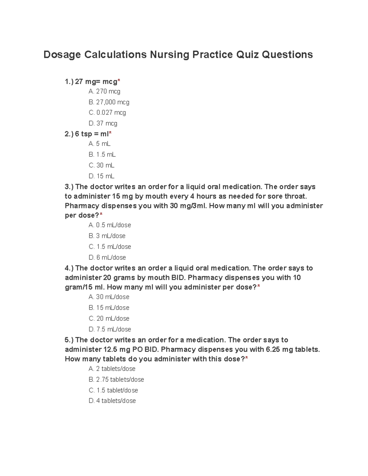 Untitled Document - Notes - Dosage Calculations Nursing Practice Quiz ...