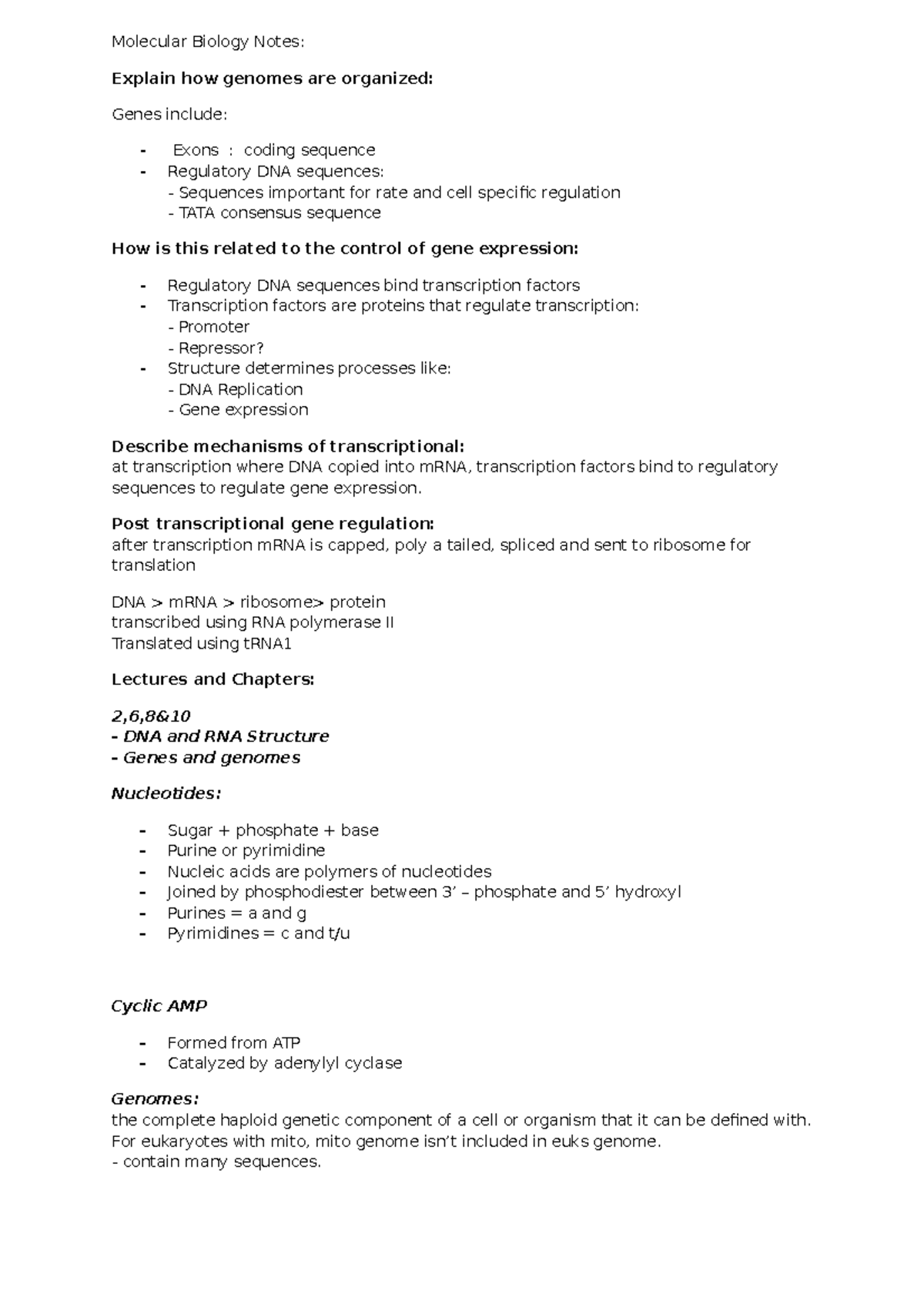 Molecular Biology Notes - Molecular Biology Notes: Explain how genomes ...