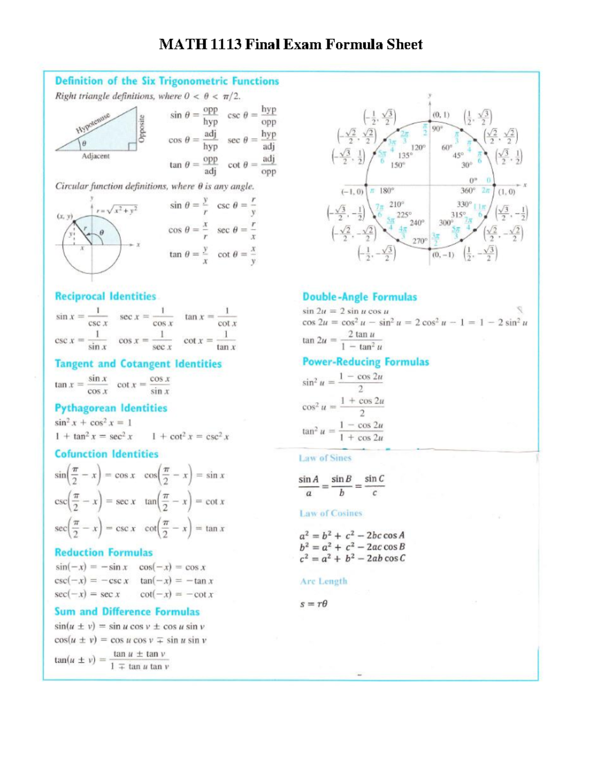 MATH 1113 Final Exam Formula Sheet - MUSC 1101 - Studocu