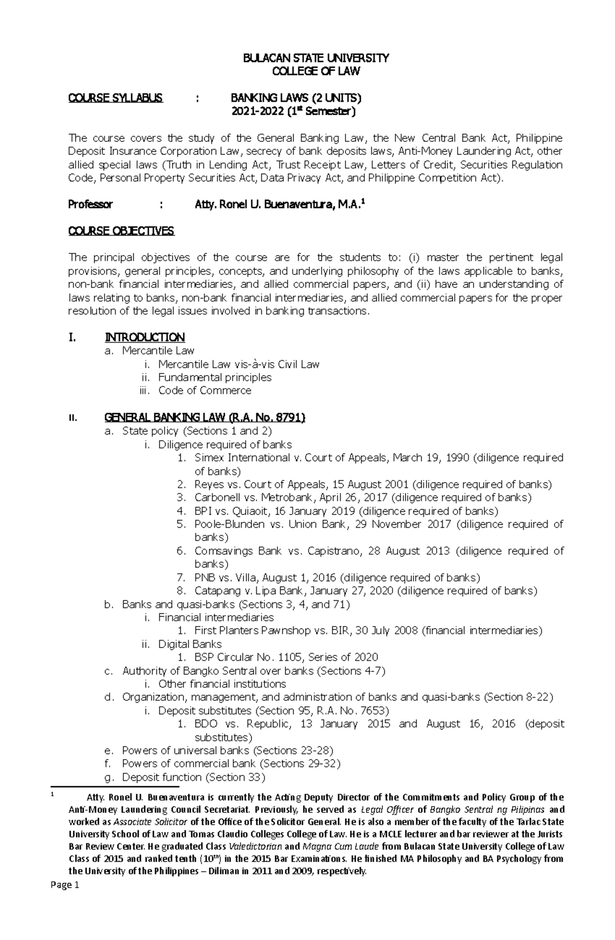 Banking Laws 2021 2022 First Semester - Bulacan State University 