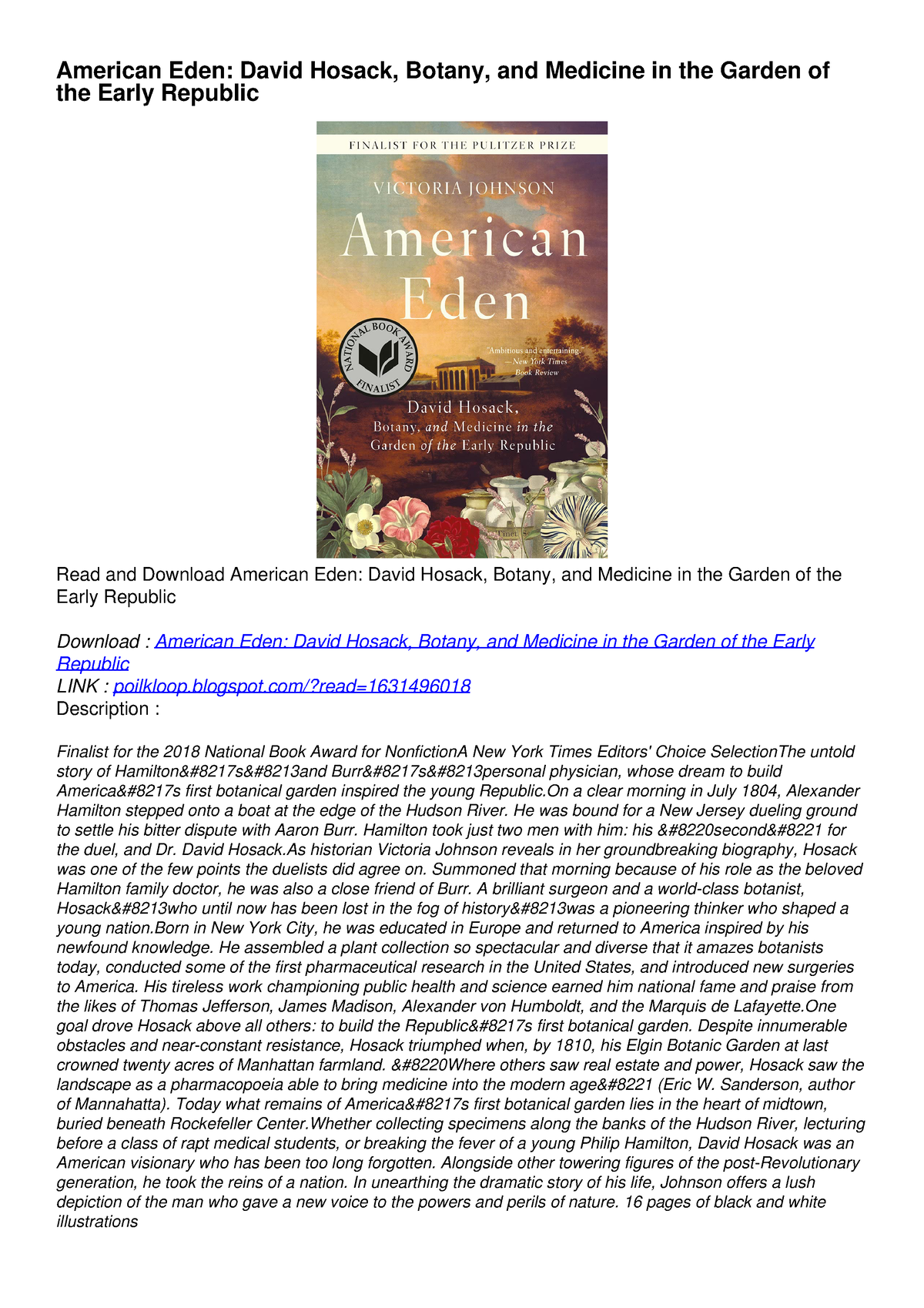 PDF KINDLE DOWNLOAD American Eden: David Hosack, Botany, and Medicine ...