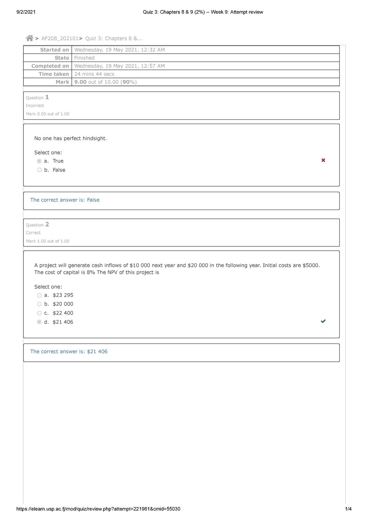 Quiz 3 Chapters 8 & 9 (2%) - Week 9 Attempt Review - Started On ...