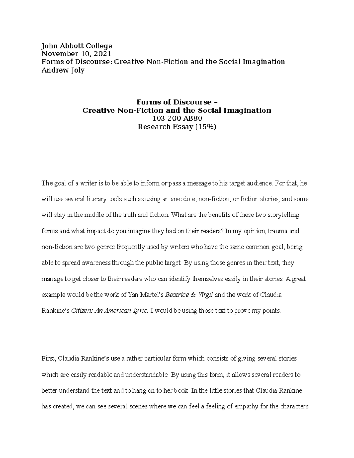 Project 15% English - ch7h7hh - John Abbott College November 10, 2021 ...