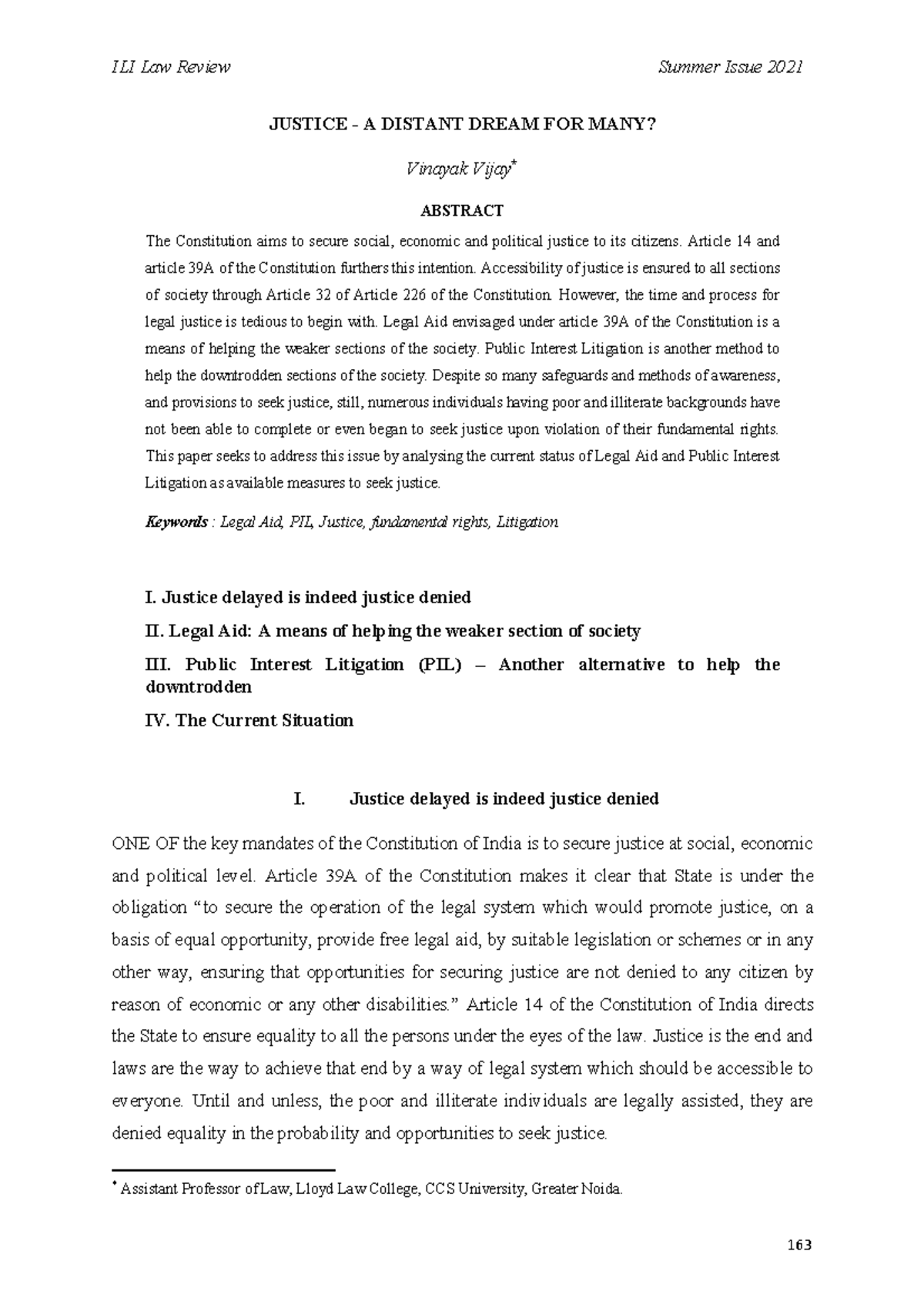 the Sample OF Abstract JUSTICE A DISTANT DREAM FOR MANY? Vinayak