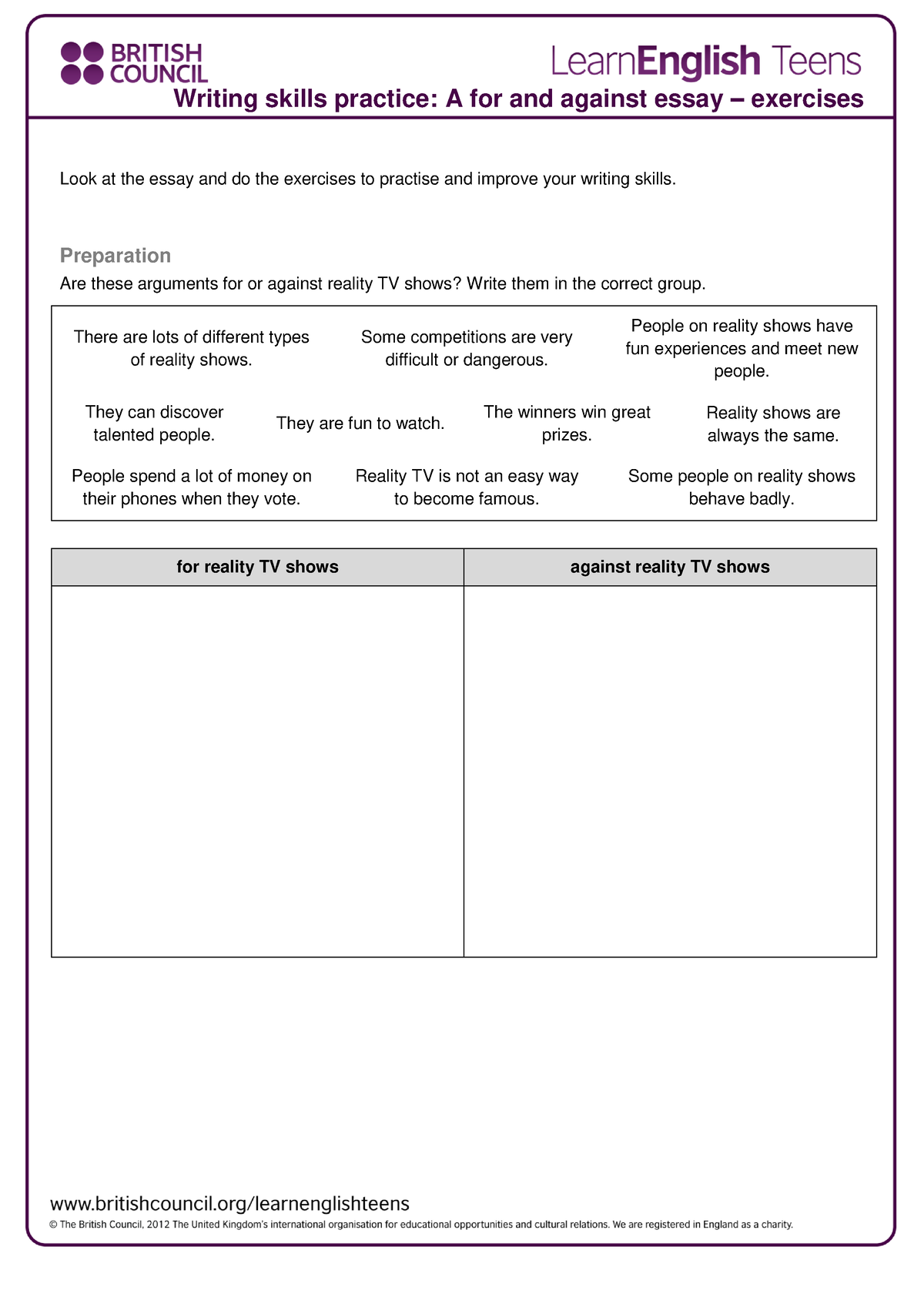 for and against essay exercises