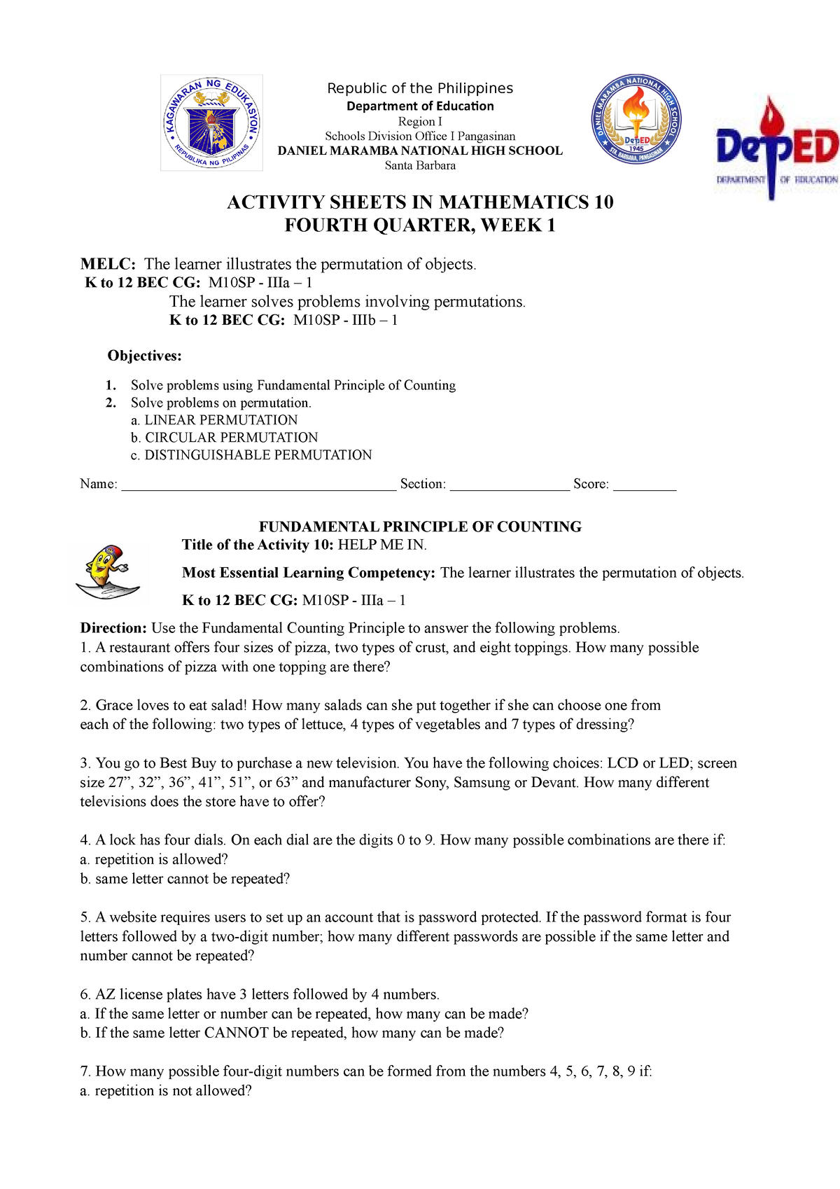 Math 10 Quarter 4 Week 1 - Republic of the Philippines Department of ...