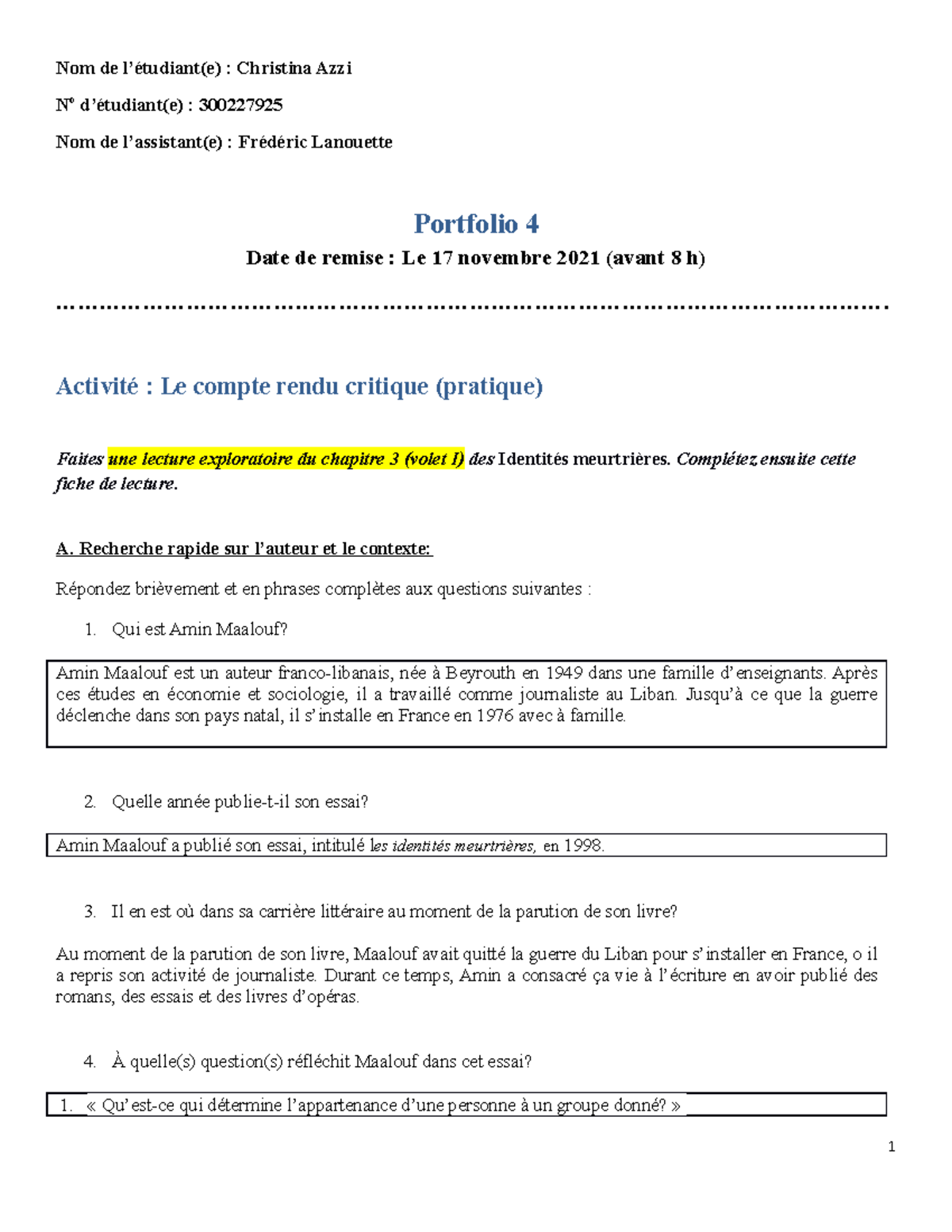 Portfolio 4 Compte Rendu Critique Nom De L Etudiant E Christina Azzi No D Etudiant E Studocu