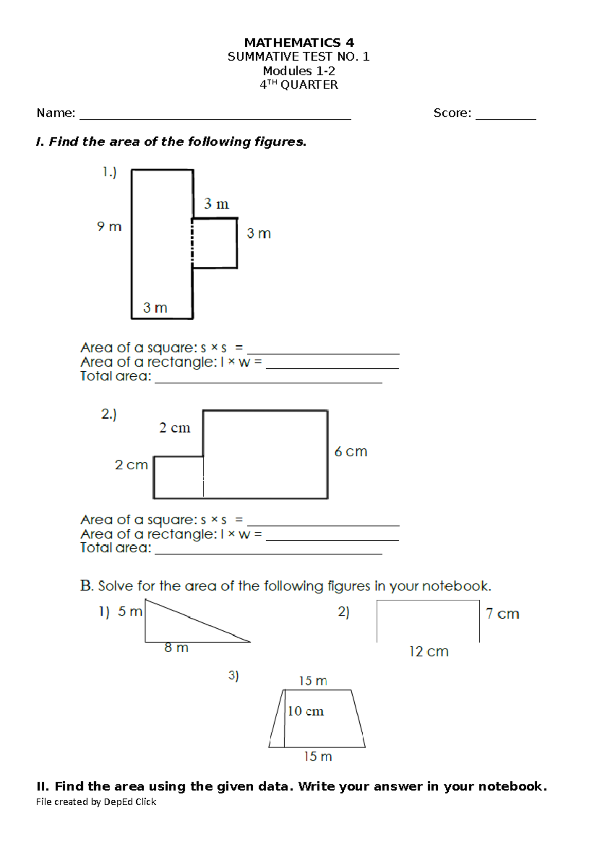 MATH4 ST1 Q4 - sfsdfsdfsgddfgdfg - MATHEMATICS 4 SUMMATIVE TEST NO. 1 ...