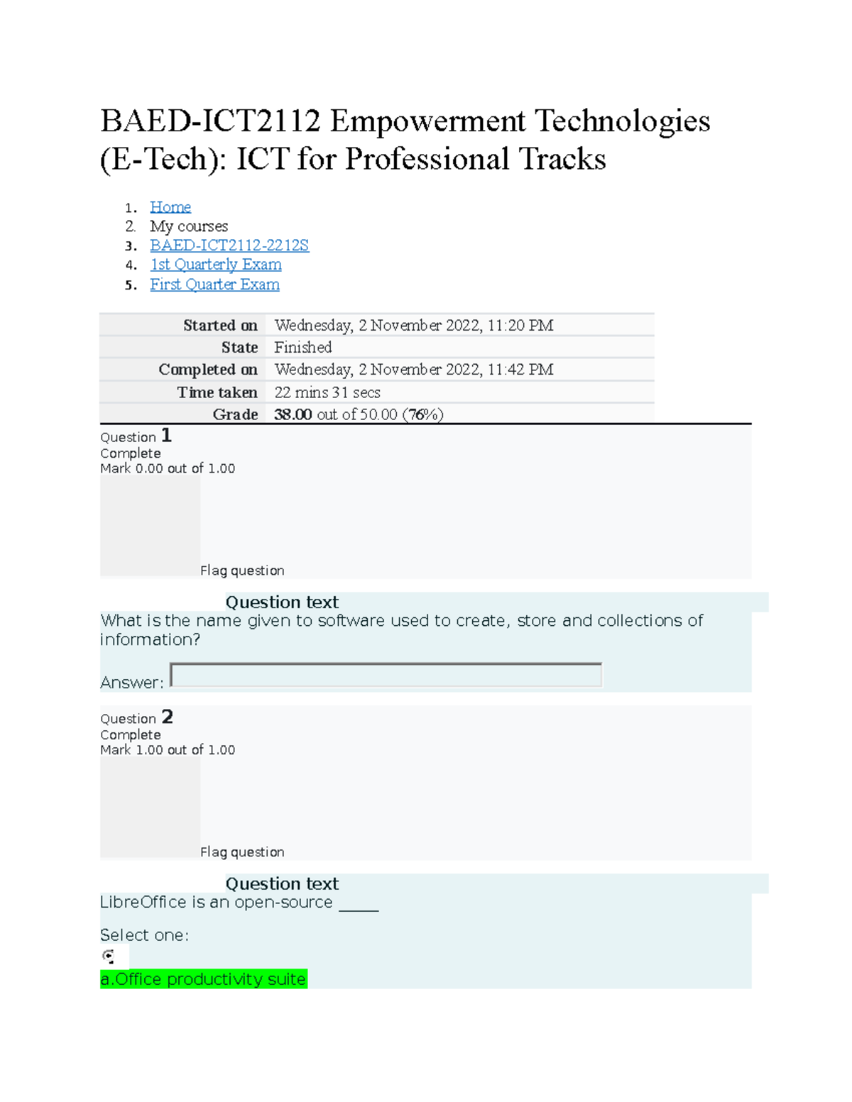 ICT2112 1ST Quarter EXAM - BAED-ICT2112 Empowerment Technologies (E ...