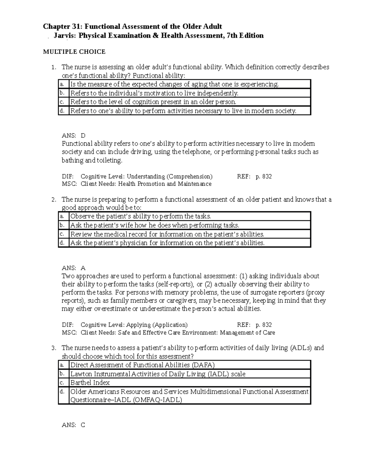 Chapter 31 Practice Questions Functional Assessment of Older Adult