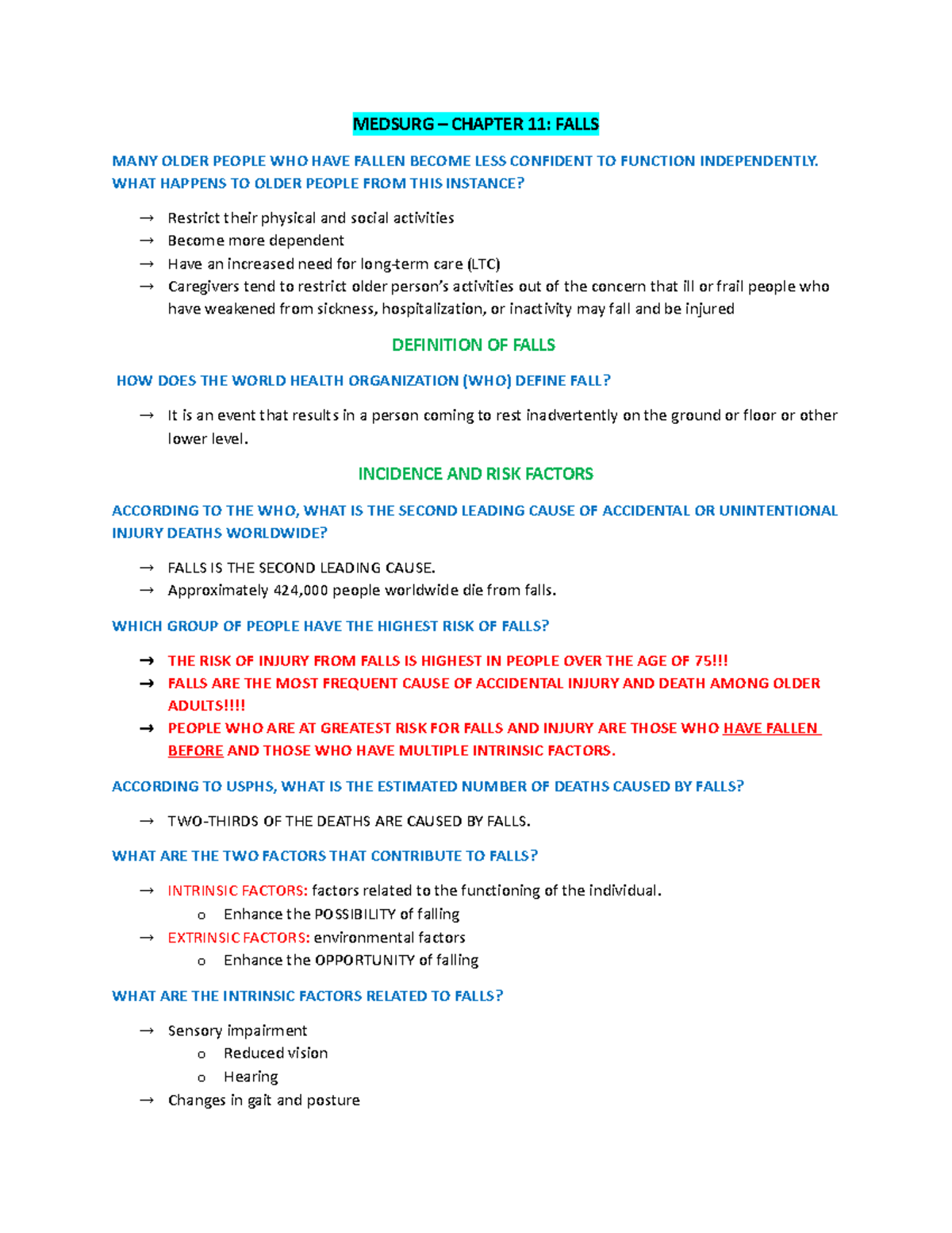 Medsurg Falls AND Incontinence Study Guide MEDSURG CHAPTER 11