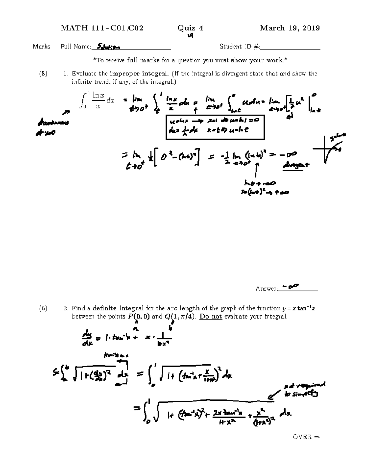 Quiz4 2019 W Solution - Quiz Exam For Students - MATH 111 - C01,C02 ...