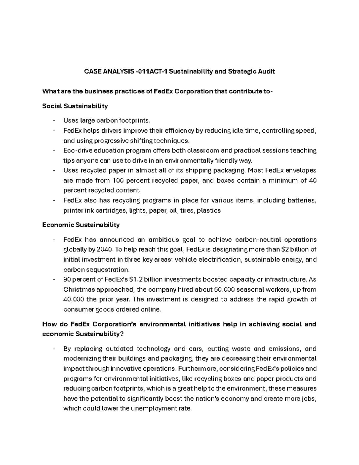 L9 - sfffffffffffsffsfs - CASE ANALYSIS - 011ACT- 1 Sustainability and ...