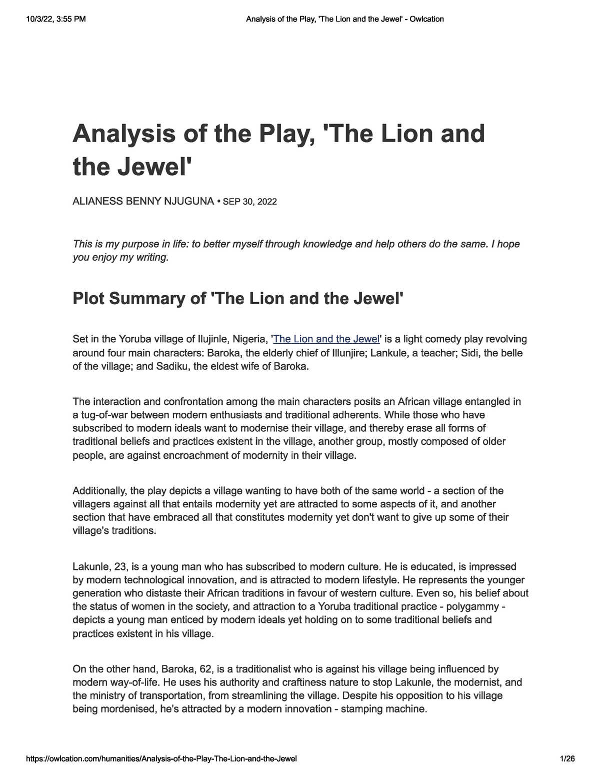 essay questions on the lion and the jewel