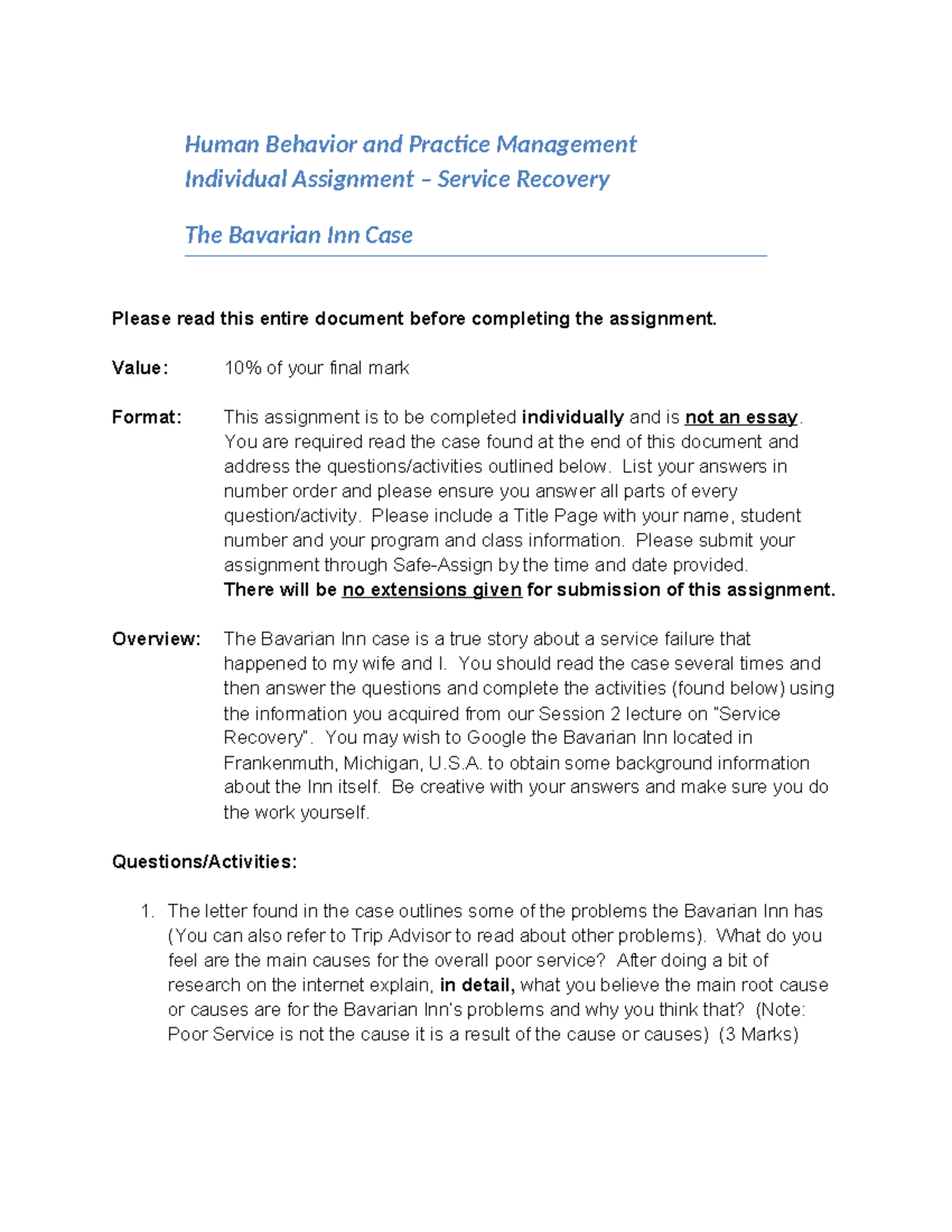 Service Recovery Assignment Bavarian Inn - Human Behavior and Practice ...