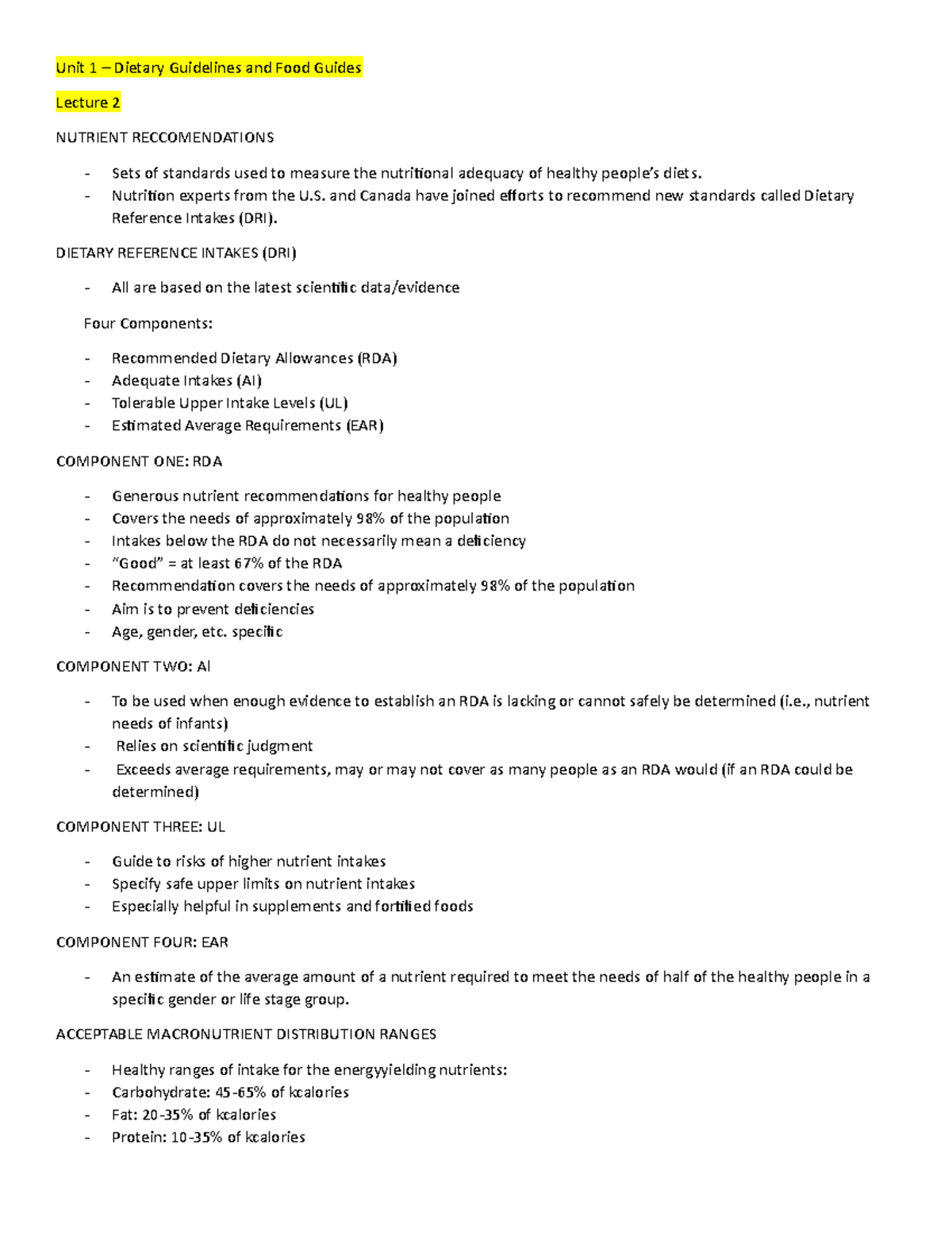 Unit 1 - Lecture 2 - Exam 1 - Unit 1 – Dietary Guidelines and Food ...