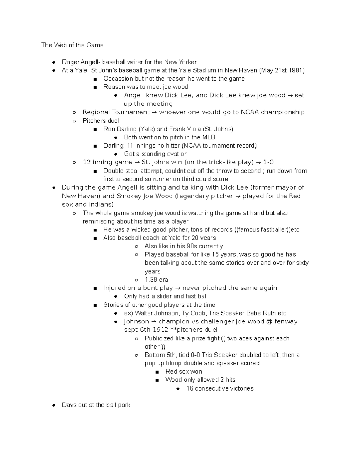 HIST 1250 Lecture Notes - The Web of the Game Roger Angell- baseball ...