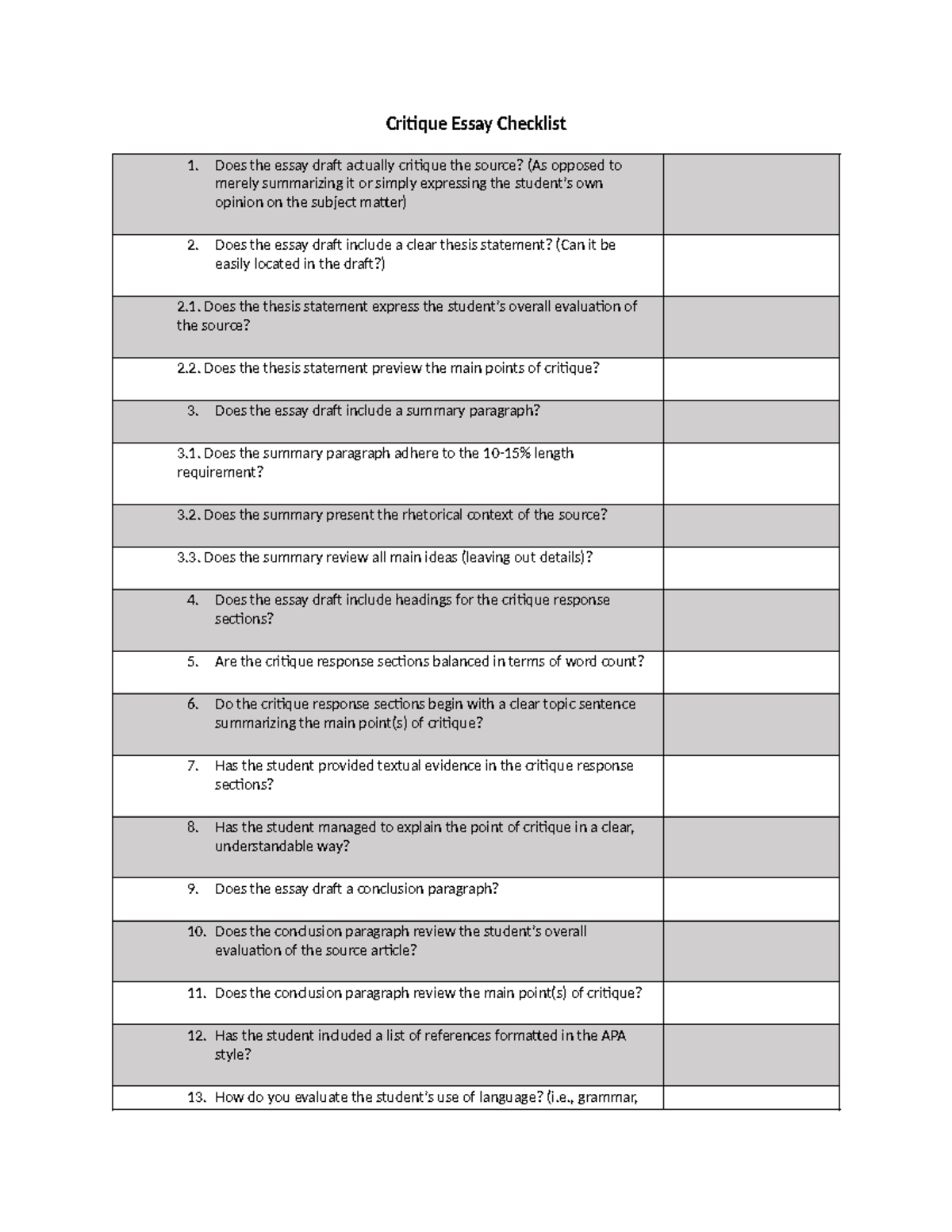 Critique Essay Checklist - Critique Essay Checklist Does the essay ...