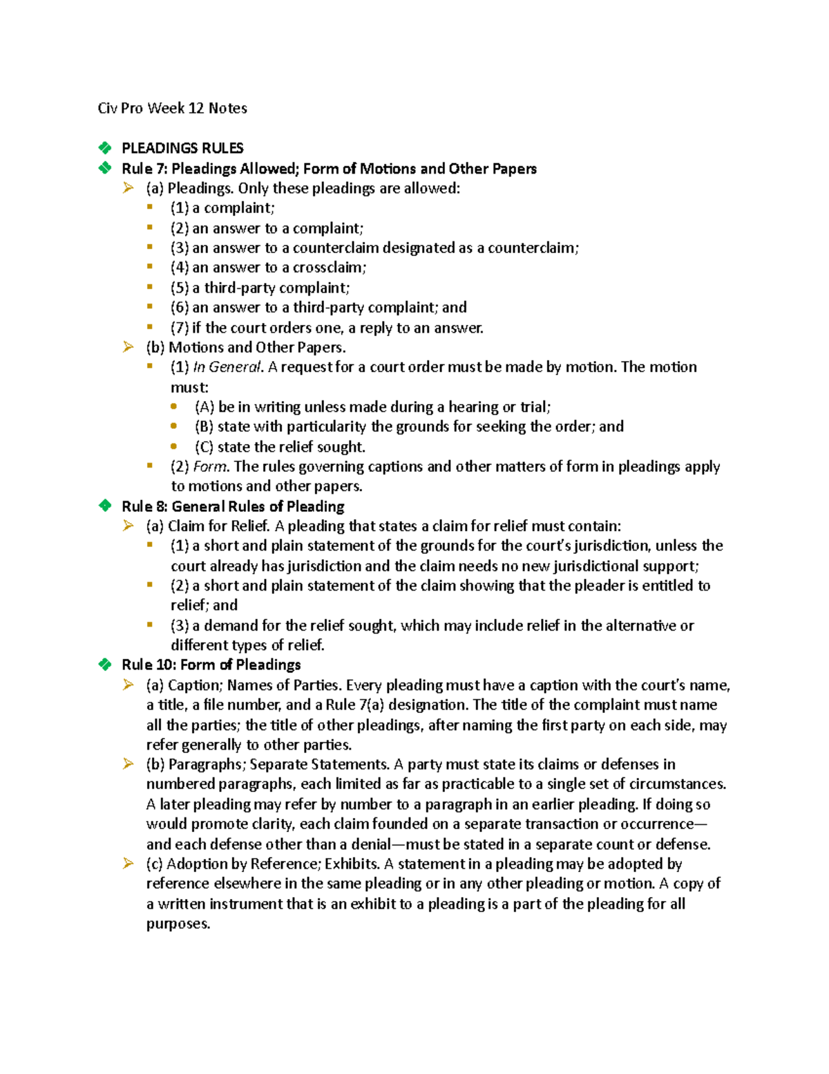 Civ Pro Week 12 Notes - Civ Pro Week 12 Notes PLEADINGS RULES Rule 7 ...