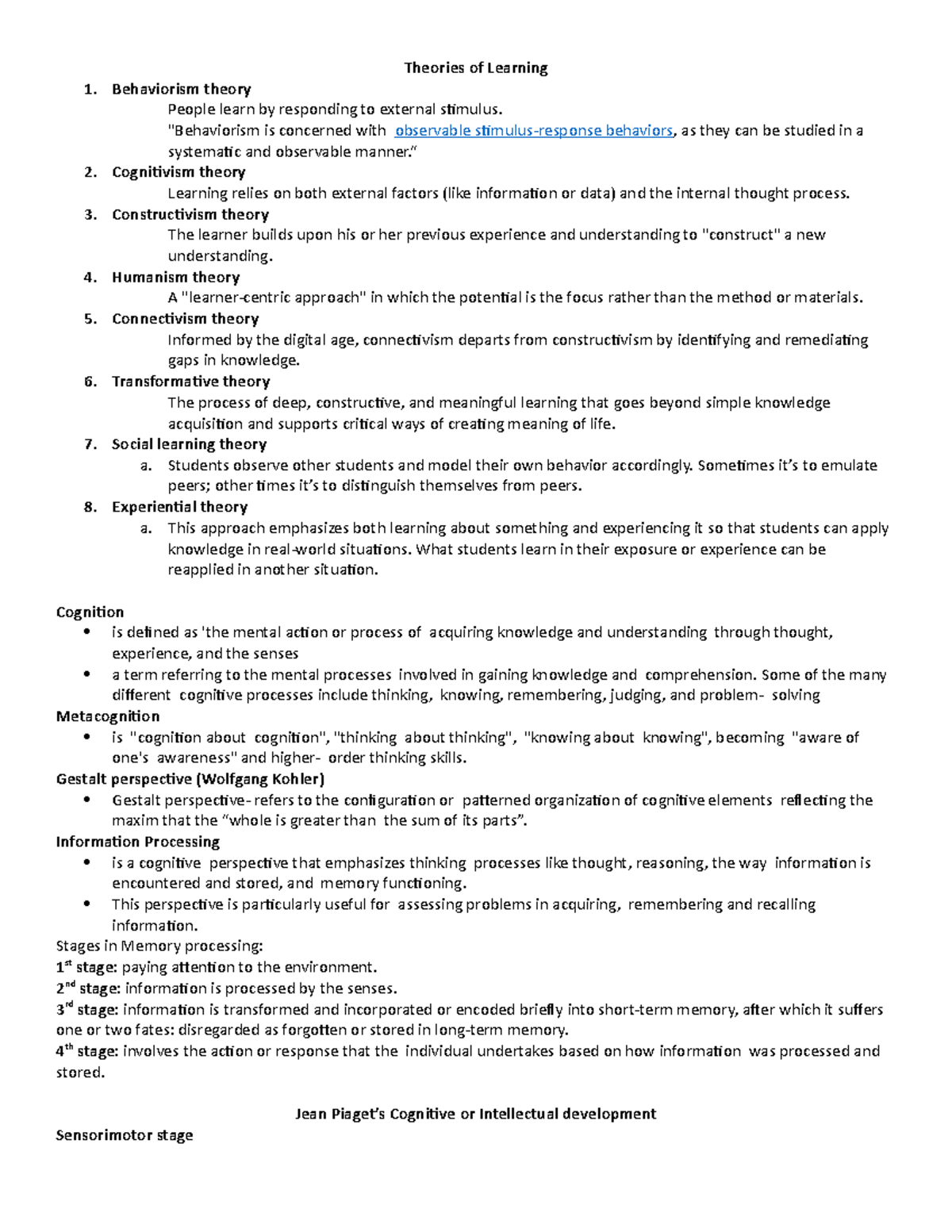 Healteducation-handouts - Theories Of Learning Behaviorism Theory ...