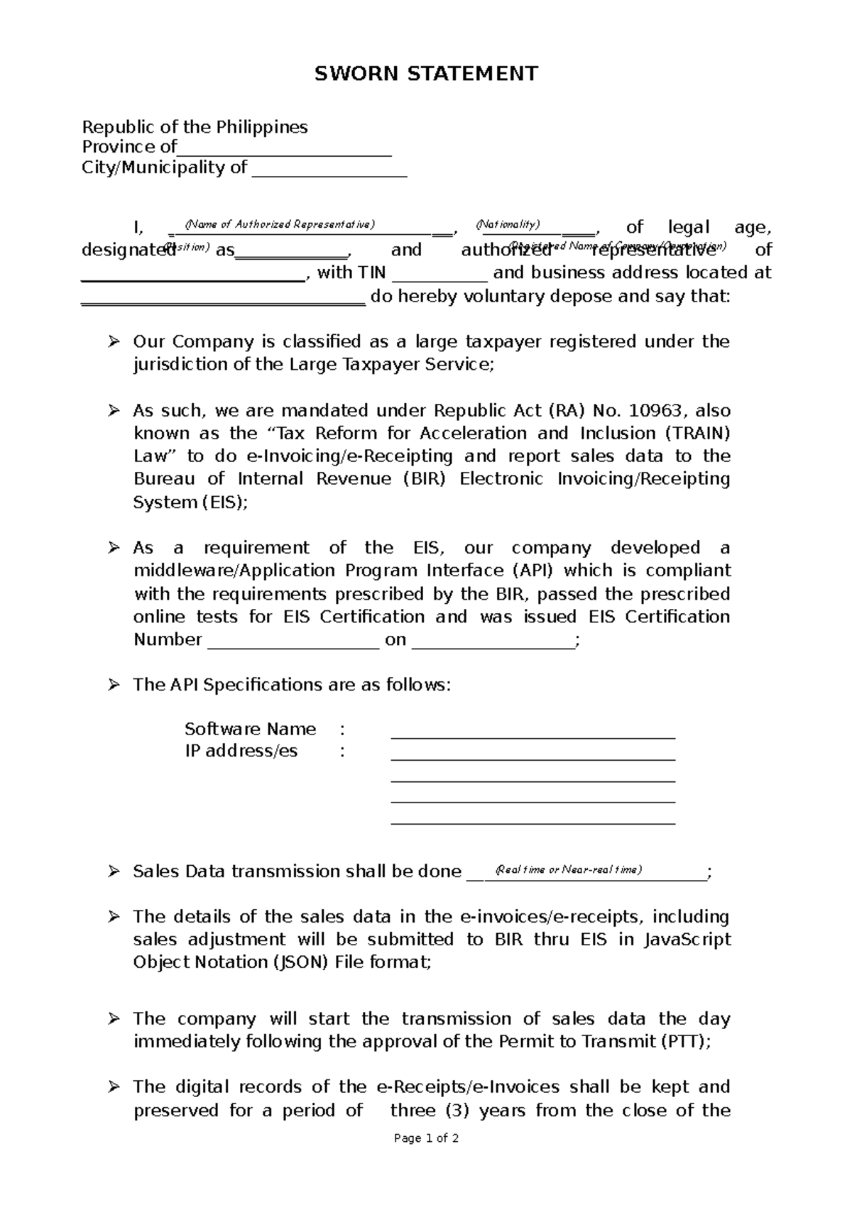 Sworn Statement for Permit To Transmit - SWORN STATEMENT Republic of ...