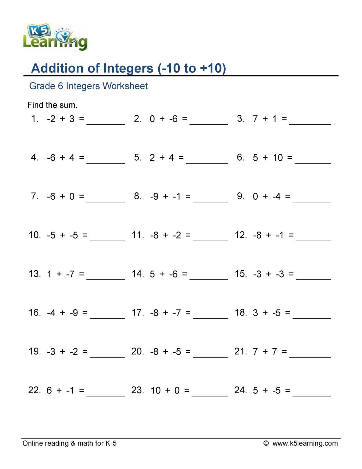 Grade 6 integer addition minus 10 to plus 10 a - Online reading & math ...