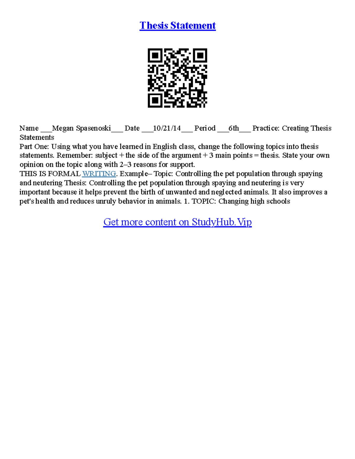 Example Of Thesis Statement For Essay - Thesis Statement Name Megan ...