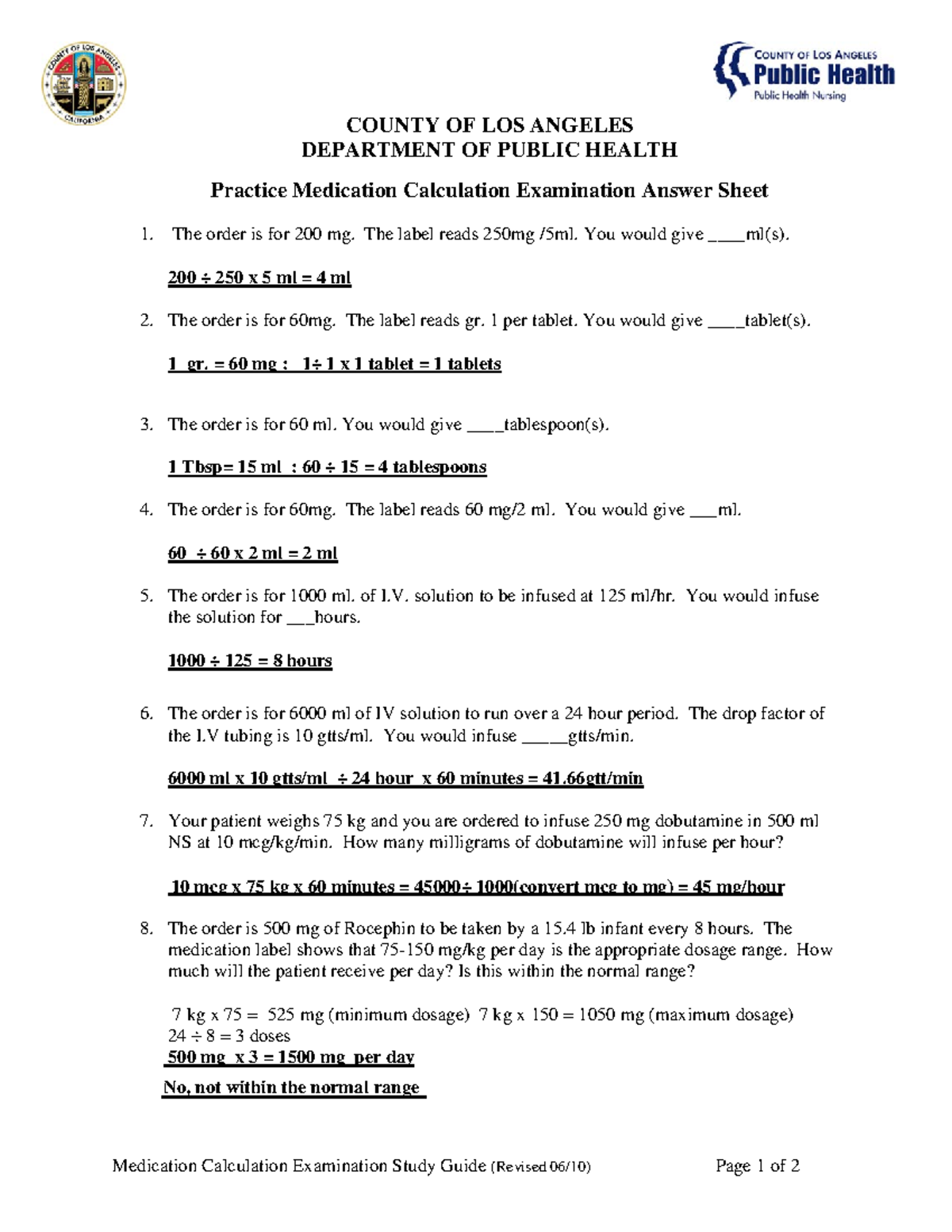 MCE Study Answer Sheetrevised 6-10 - COUNTY OF LOS ANGELES DEPARTMENT ...