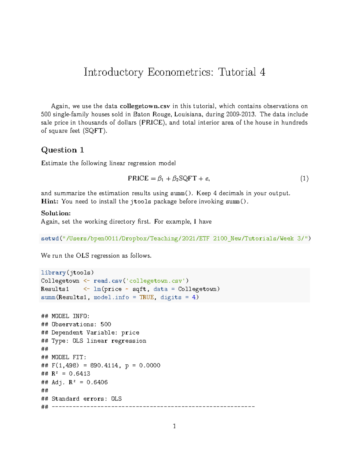 Week 4 Tut Introductory Econometrics Tutorial 4 Again We Use The Data Collegetown In This 6541