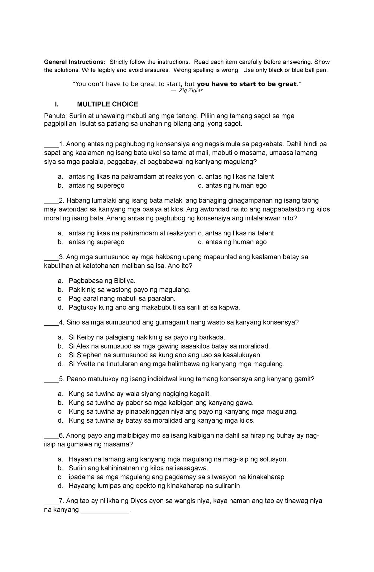 ESP10-Q1 Quarterly Assessment 1 - General Instructions: Strictly Follow ...