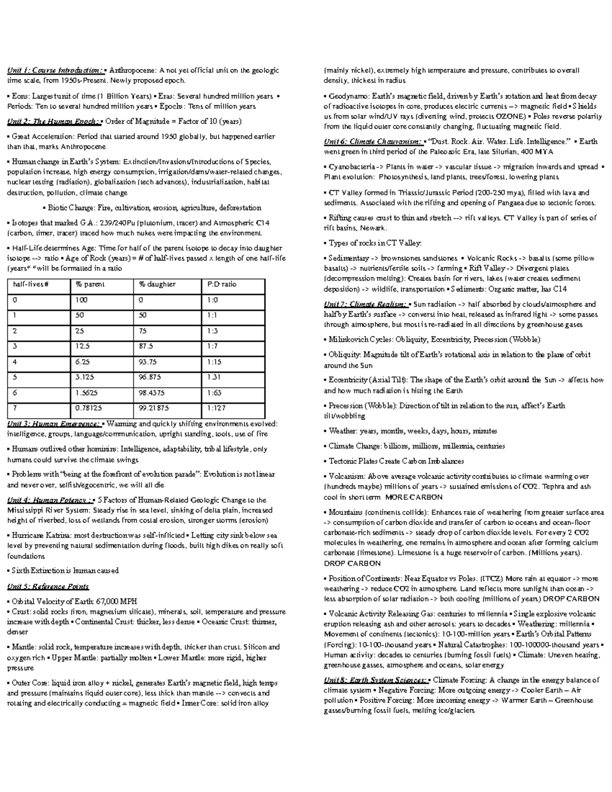 ERTH Midterm Cheat Sheet - Unit 1: Course Introduction: • Anthropocene ...