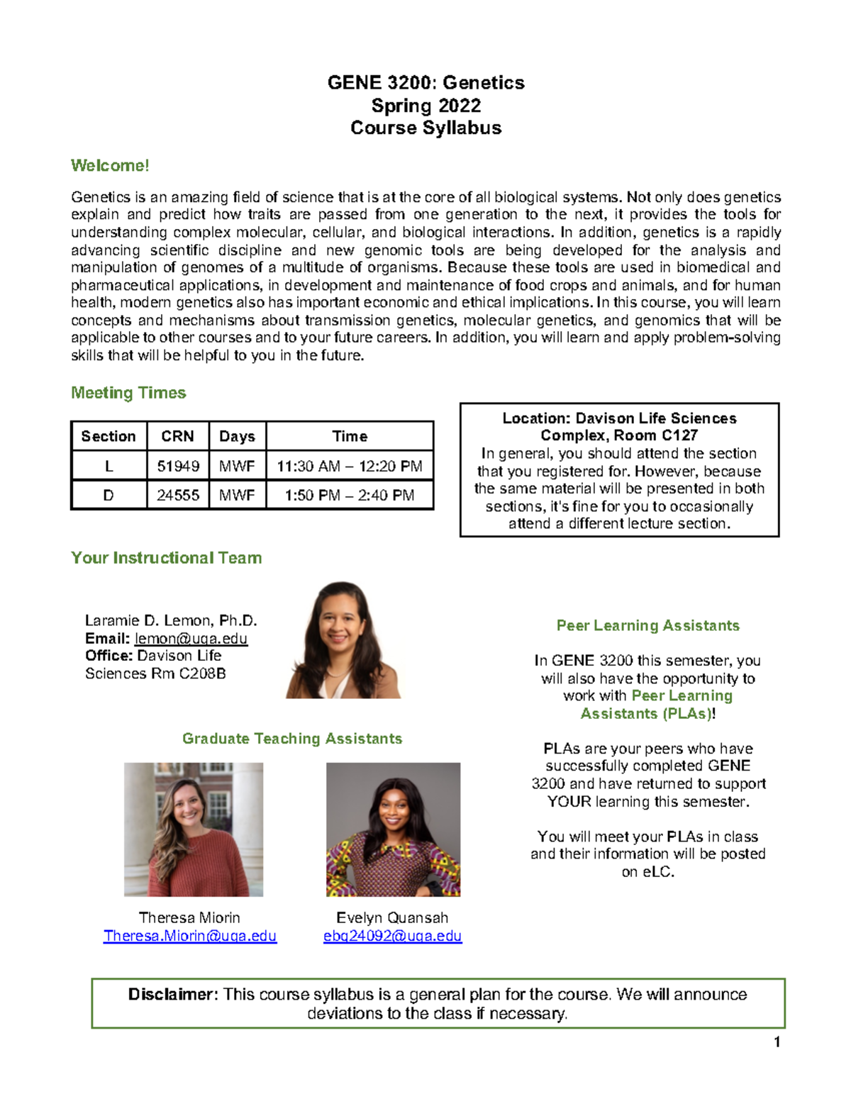 GENE 3200 Syllabus Fall 2022 Final - GENE 3200: Genetics Spring 2022 ...