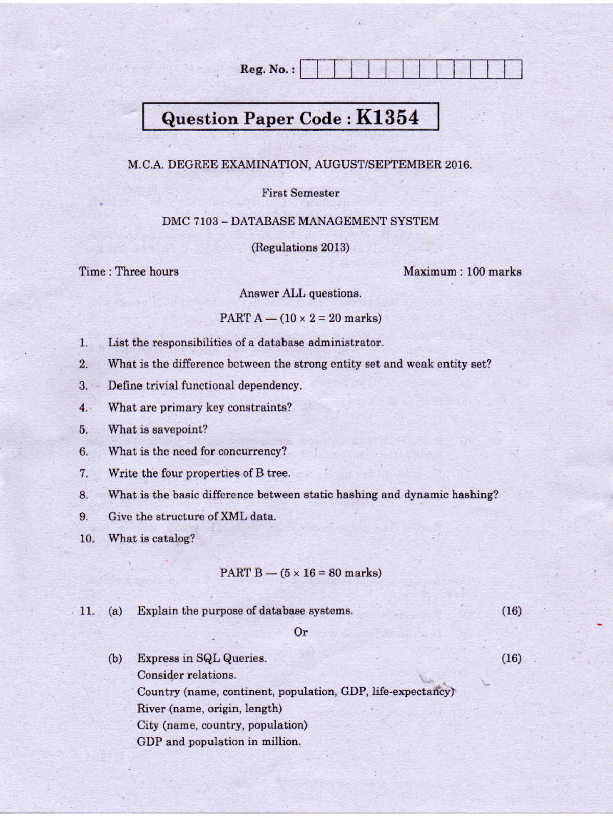 DMC7103 - Question paper - Master of Computer Applications - Studocu
