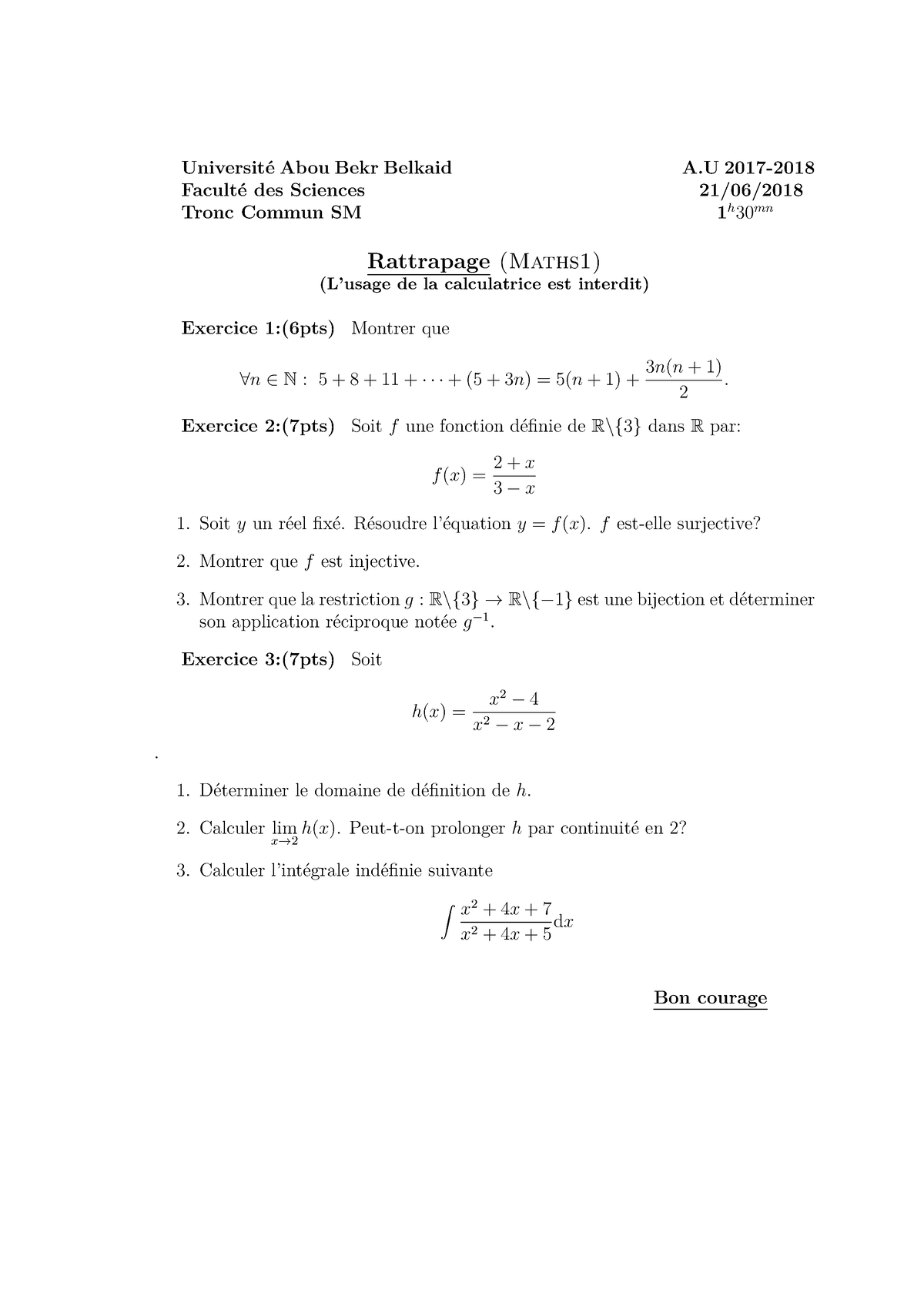 Sujet Corrige Ratt Maths 1 SM 17-18 - Universit ́e Abou Bekr Belkaid A ...