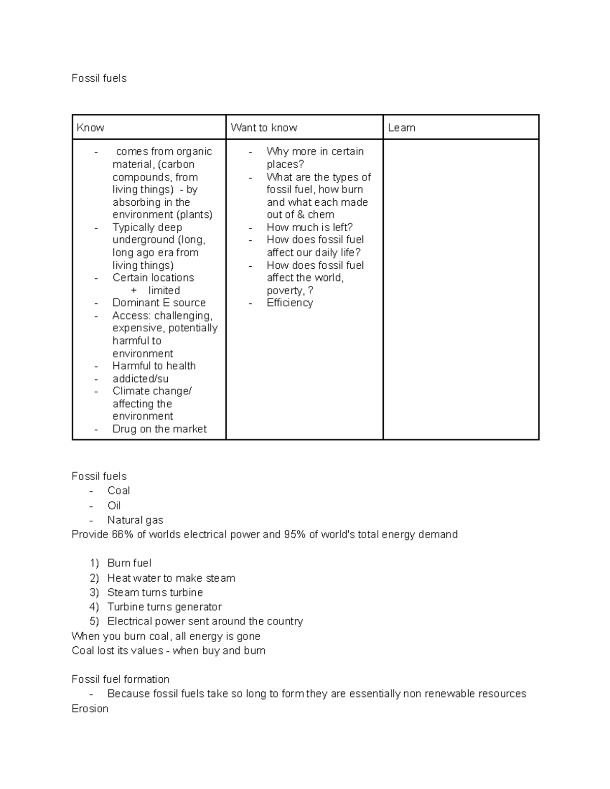 Notes The professor is Safa Khan Fossil fuels Know Want to know