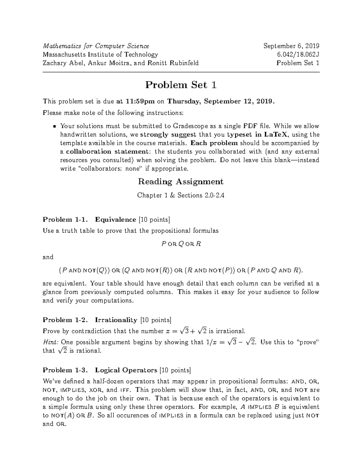Problem Set 1 Problems - Mathematics for Computer Science September 6 ...